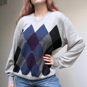 Vintage 90s Grey Argyle Merino Wool Sweater size M